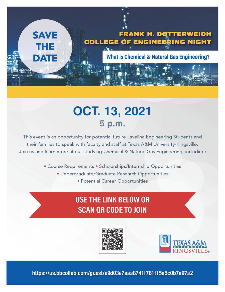 TAMUKEngineer's tweet photo. Are you thinking about majoring in Chemical or Natural Gas Engineering? 🥽🧪
Join us TODAY at 5pm
All students are welcome! Learn about our bachelor & graduate programs!
Link: https://t.co/GBmDlqBFNA
#ChemicalEngineering #NaturalGasEngineering #Engineering #Engineers https://t.co/VgyW9sHun9