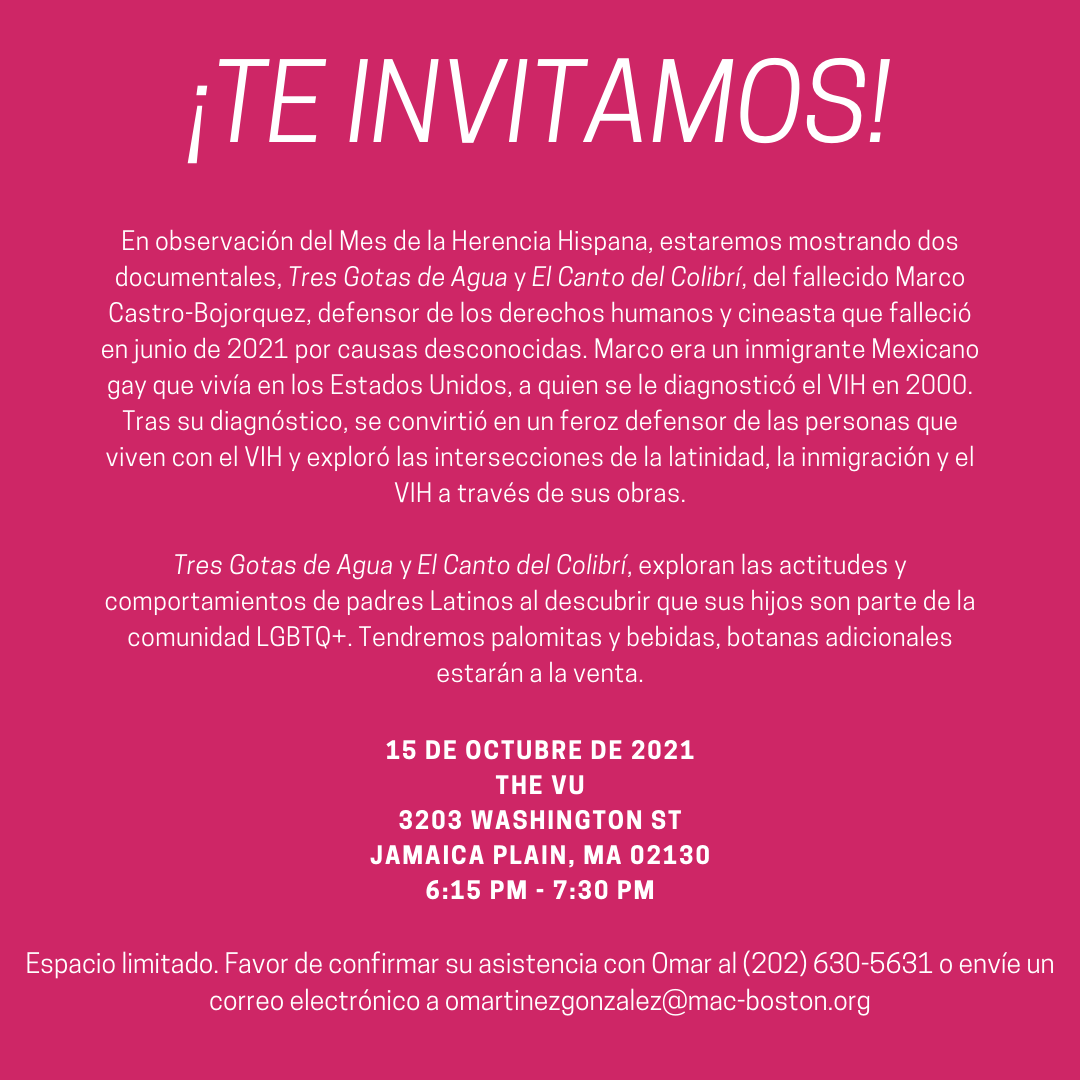 MACinBoston's tweet photo. We're hosting a #Queer #Latinx documentary screening this Friday (10/15) in celebration of #HispanicHeritageMonth! If you haven't yet RSVP'd, be sure to reach out! RSVP and full #COVID19 vaccination as of October 1st required for admittance - no exceptions. #Boston #BostonStrong https://t.co/rKQFBoC3WJ