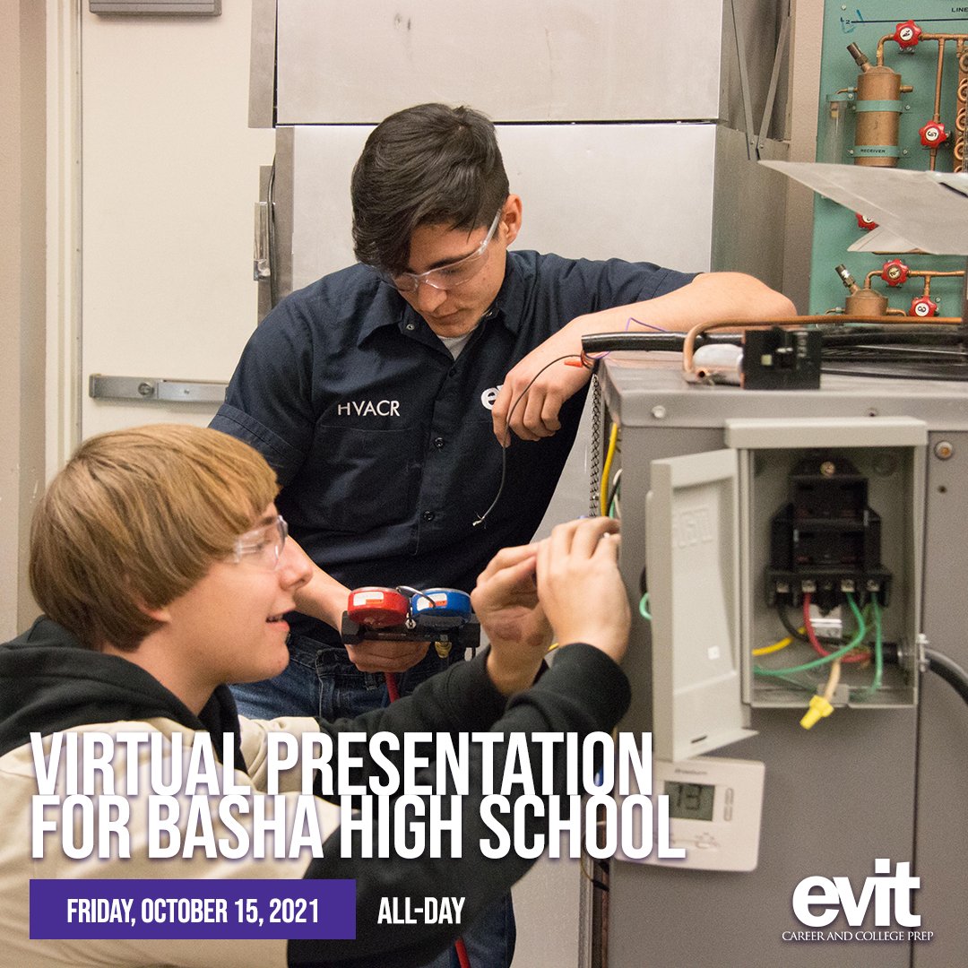 EVITnews's tweet photo. The EVIT team will be virtually presenting to Basha High School students on Fri., Oct. 15, all-day, for your chance to learn more about the career training programs at EVIT for East Valley high school students and Phoenix area adults. #CareerTechEd #WeAreEVIT https://t.co/0aKu2xHNSU