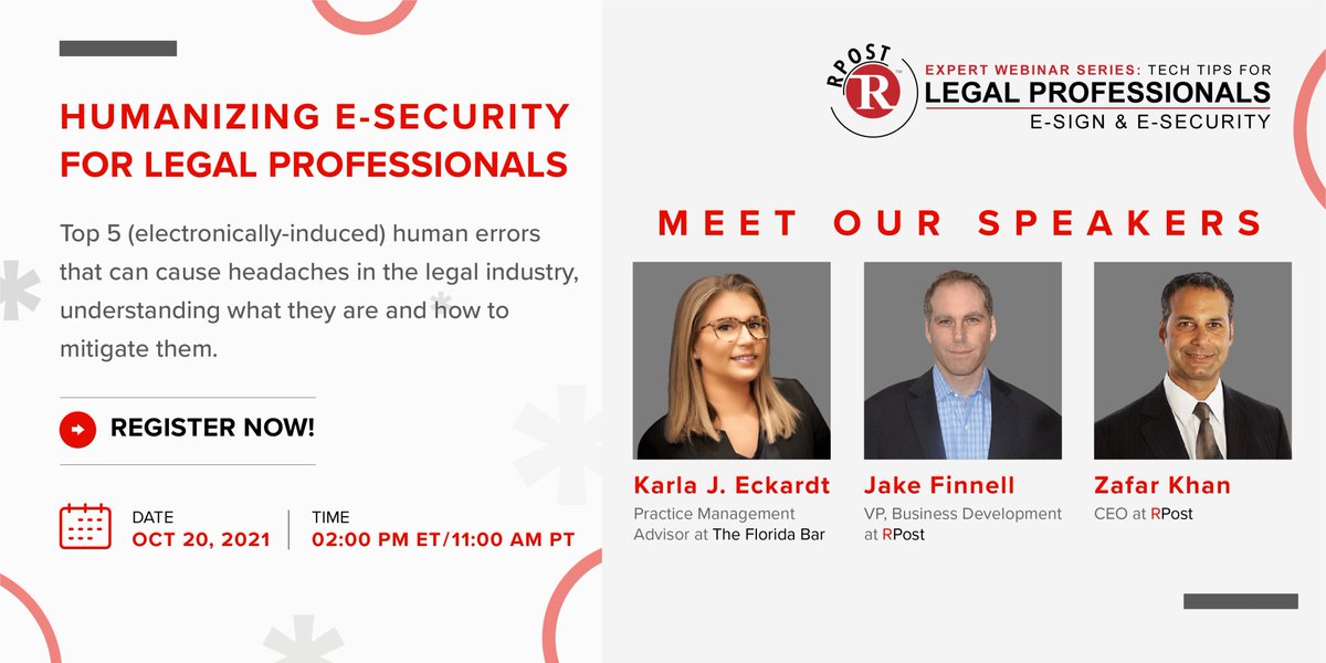 RPost's tweet photo. Join Karla J. Eckardt from @TheFlaBar, Zafar Khan, CEO at RPost, and Jake Finnell, VP of Business Development at #RPost, on October 20, 2021 at our #webinar āHumanizing E-Security for #Legal Professionalsā. Please register at https://t.co/CS4oTtOI7E
#RMail #email #emailsecurity https://t.co/1NYPXec21f