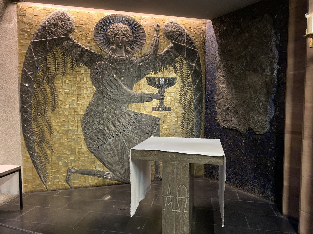 OSaumarezSmith's tweet photo. Chapel of Gethsemane, Coventry Cathedral, dazzlingly beautiful Angel of Agony mosaic mural by Stephen Sykes. https://t.co/gxrygdOEWU