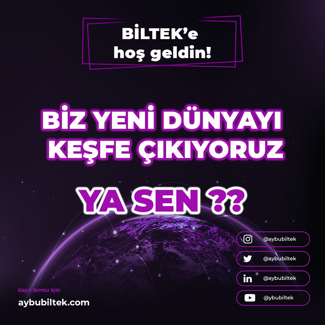 aybubiltek's tweet photo. BİLTEK'te yeni dönem  kayıtları başladı!🥳

✨Geleceğe açılan kapıya bilim ve teknoloji ışığında sen de bir adım atmaya hazır mısın?

💫 Bu serüvende bize eşlik etmek istiyorsan kayıt formunu doldur BİLTEK'li olmanın farkını yakala!

📍Kayıt linki: https://t.co/yIxfRsHjZv

#ybu https://t.co/rZFKgHDhO1
