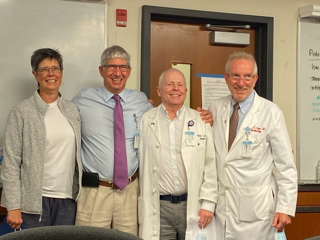 <a href="/UNC_Anesthesia/">UNC Anesthesiology</a>'s Dr. David Zvara (right) congratulated (Left to Right) Drs. Nancy Wilkes, Anthony Passannante and David Mayer for each giving 30 years of service.  We are thankful for each of you!  <a href="/UNC_SOM/">UNC School of Medicine</a>