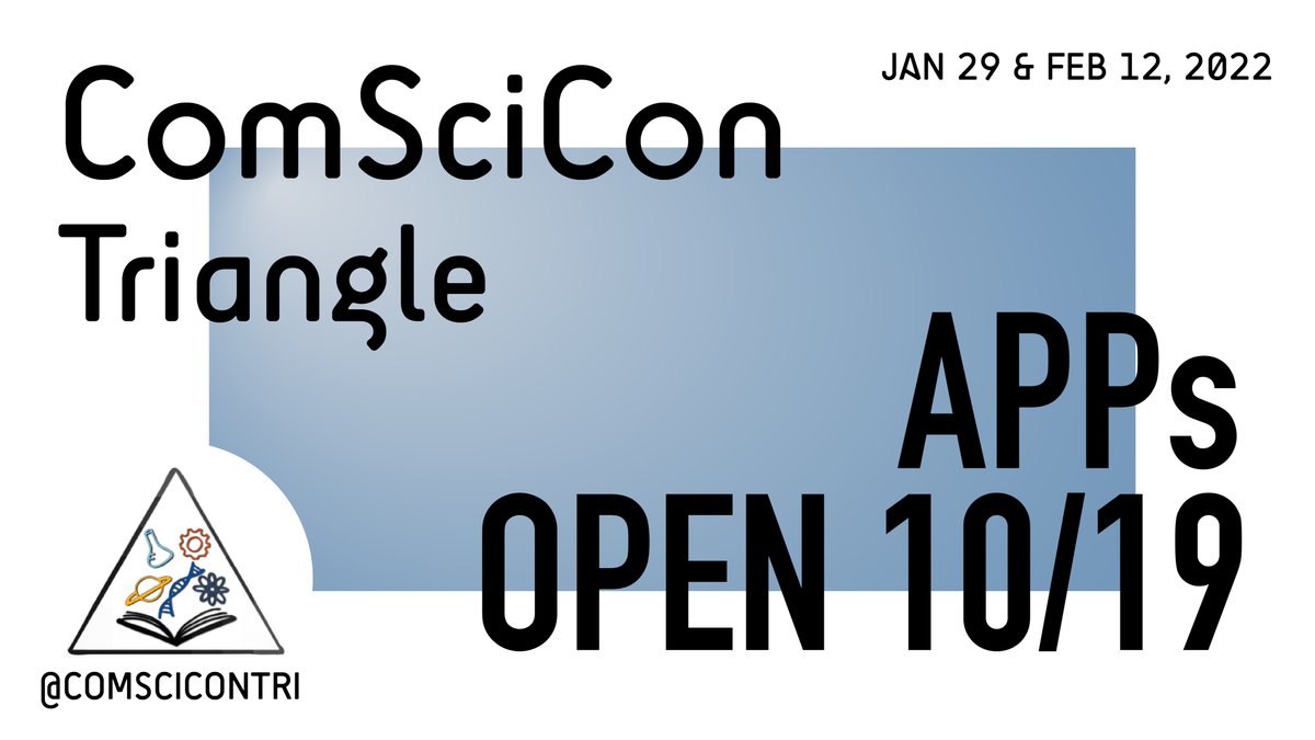 comscicontri's tweet photo. Set your alarms &amp; mark your calendars:

✨CSC-Triangle applications open October 19th!✨

RT &amp; Share with your NC #scicomm friends! https://t.co/1zA2CKwKf8