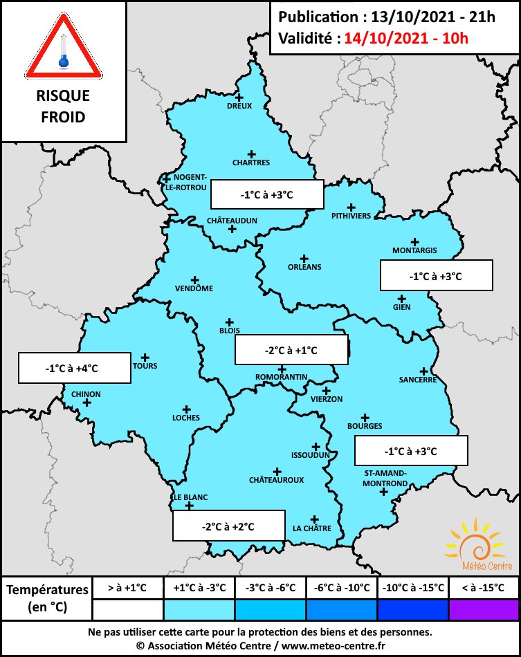 AssoMeteoCVDL's tweet photo. [🥶 RISQUE FROID 🥶] Entre la fin de nuit pro &amp; ce jeudi 14 octobre au lever du jour, les T°C s'annoncent très fraîches 🥶 avec des valeurs souvent comprises entre 0°C et +3°C, loc. < à 0/-1°C en campagne &amp; dans certains fonds de vallées. Notre bulletin ↘ https://t.co/2YhfkG0aj0 https://t.co/9om2gNZBZS