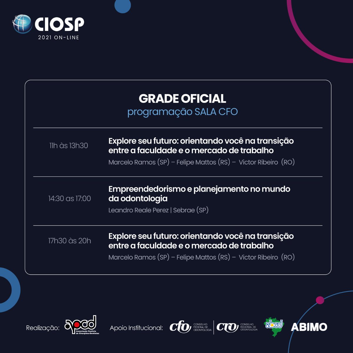 Odontologia_CFO's tweet photo. 📣 É AMANHÃ!
✔️ Começa amanhã, 14 de outubro, o CIOSP 2021 on-line. O CFO é parceiro da APCD ( @APCDCentral ) na programação científica e traz uma programação especial aos inscritos.
▶️ Confira: @APCDCentral
#ciosponline #cfo #apcd #ciosp2021 https://t.co/AoLoaSBlJZ