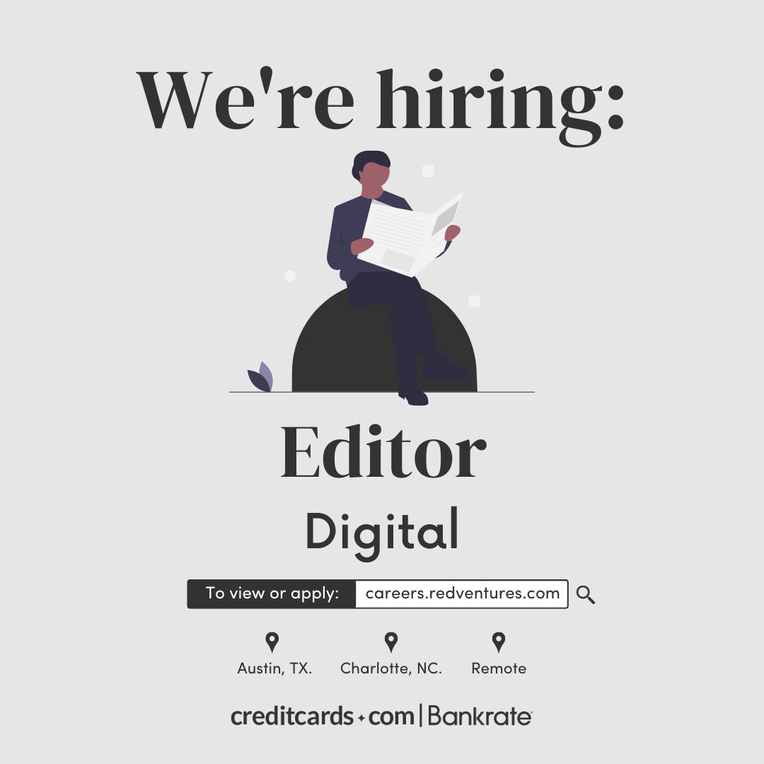 CreditCardsCom's tweet photo. We're hiring editors that can tackle covering content across a range of digital brands!
Do you think you're a good fit? Apply here: https://t.co/ROwRr3pxrl
View our other open positions here: https://t.co/Slo2mApiCc
#hiring #job #redventures #creditcardscom #careers #editor https://t.co/PPglgPnMRK