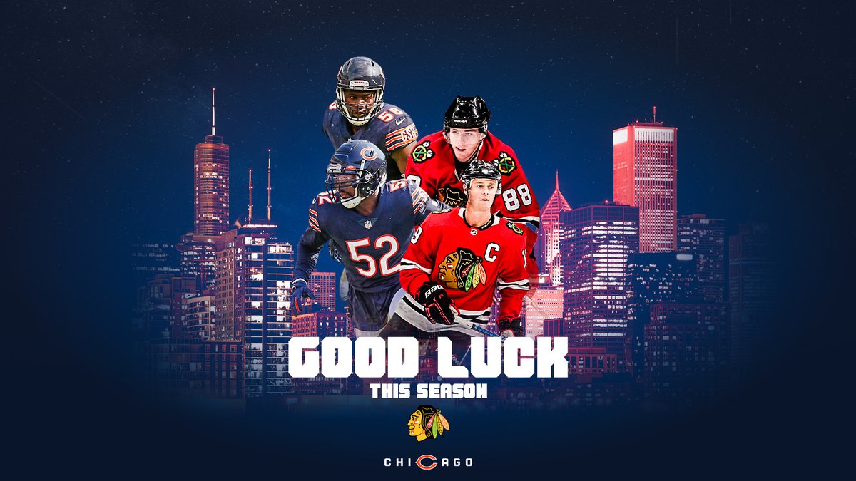 ChicagoBears's tweet photo. It’s SHOWTIME! 🤩 

Good luck this season, @NHLBlackhawks! https://t.co/j8cBoTnC4w