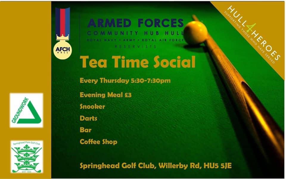 TEA TIME SOCIAL Starting tomorrow evening and will be every Thurs at 17:30 to 19:30. All members of the Armed Forces Community welcome. £3 for evening meal Steak Pie, Burgers, Scampi, Pasty’s served with chips, veg and gravy or giant Yorkshire pud with Turkey are all on the menu