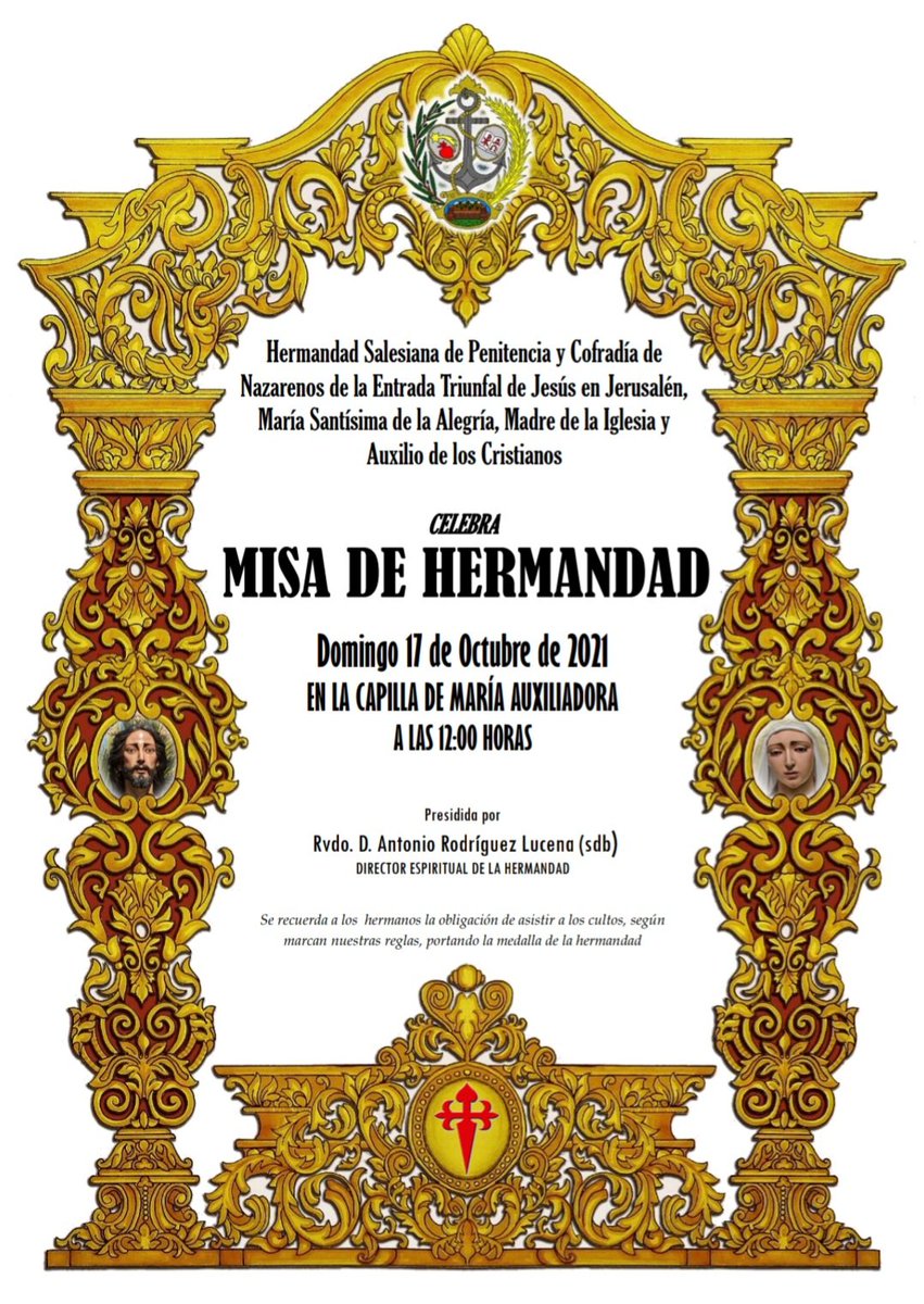 MISA DE HERMANDAD 

Informamos a todos nuestros hermanos que el próximo Domingo 17 de Octubre celebraremos nuestra Misa de Hermandad, será a las 12:00 en la Capilla de María Auxiliadora. 

Esperamos poder disfrutar de la Eucaristía con tu presencia!🐴🌴