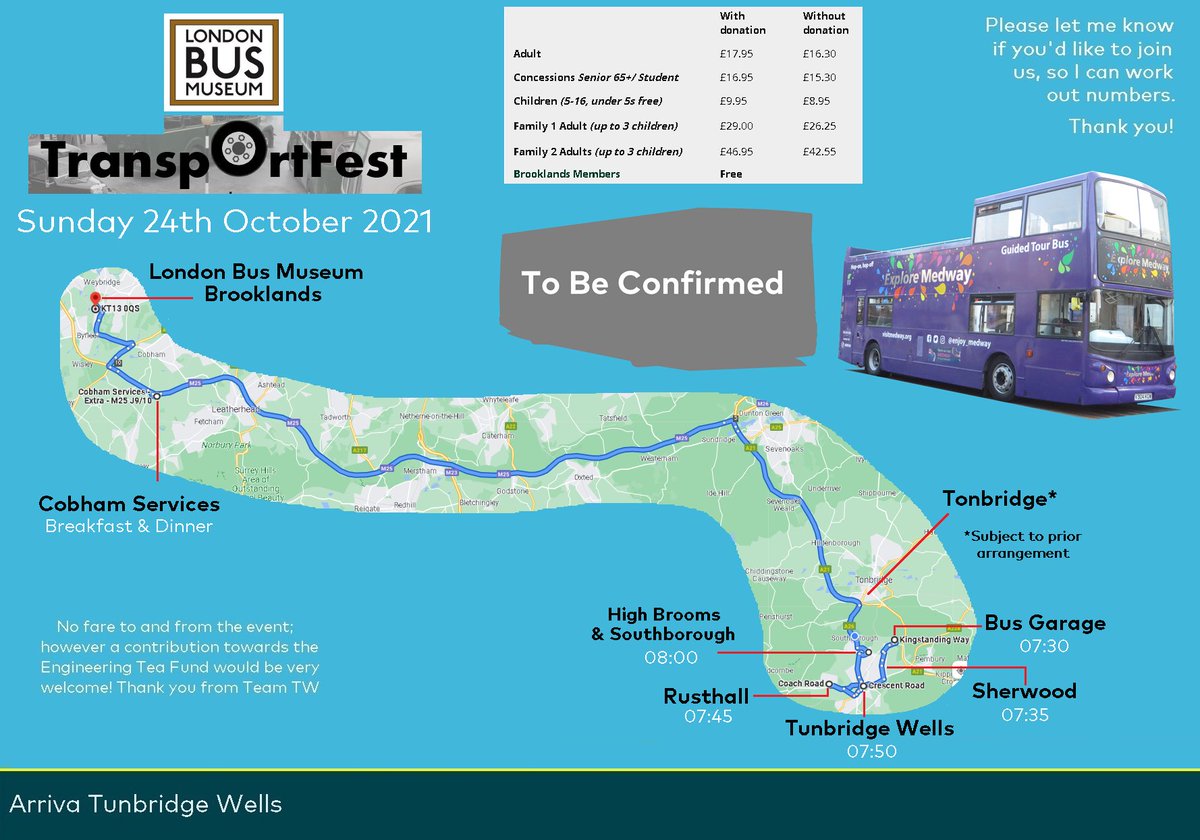 DanBHardcastle's tweet photo. Route &amp; approx. timings for #TransportFest @londonbusmuseum on Sunday 24th Oct. 
Tonbridge by request, otherwise straight onto the A21. Parking available near bus garage. 

Peter is taking the O/T Trident, I'm undecided... 
#ArrivaTunbridgeWells https://t.co/37XqPgtCps