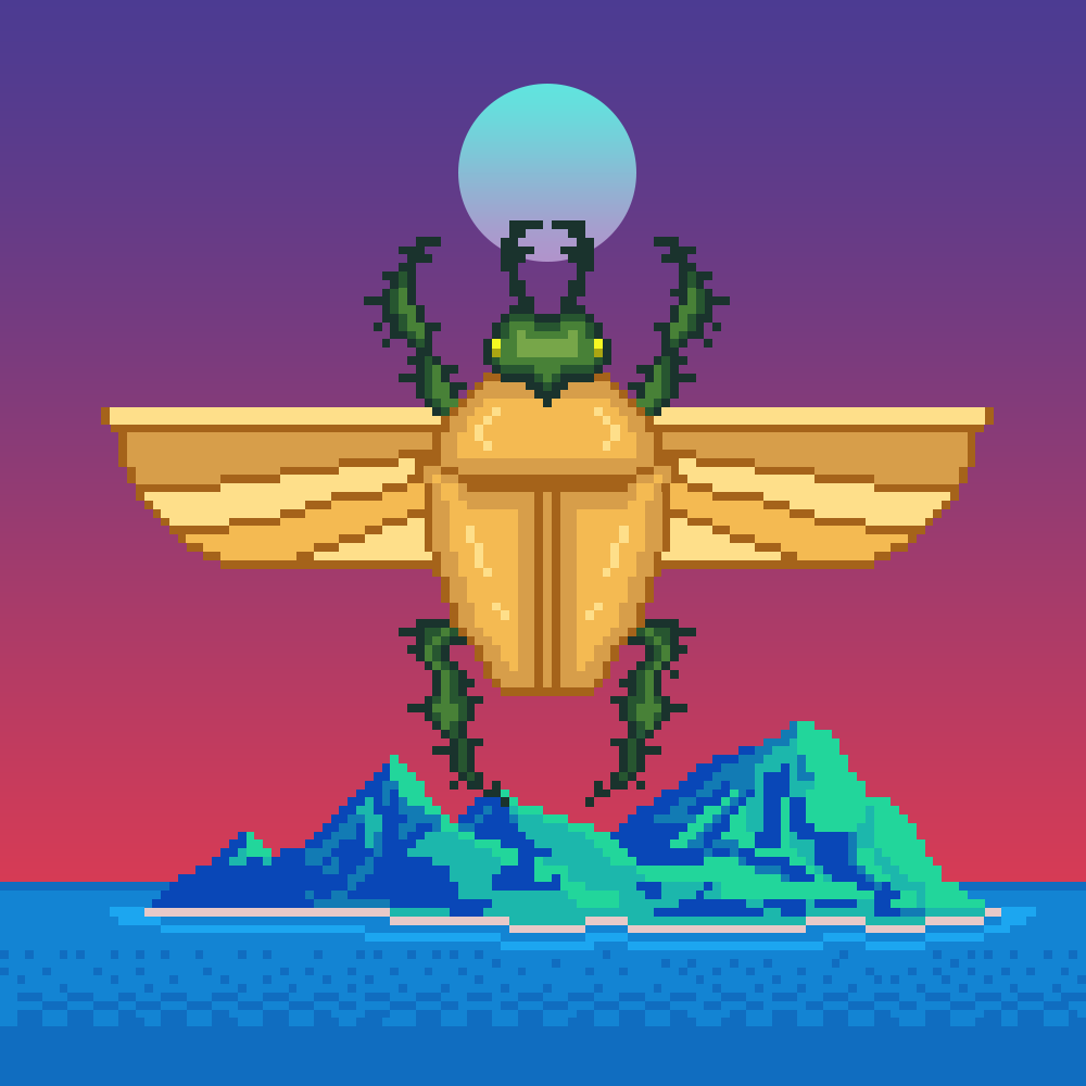 Testing some new combos. Personally love this one!

➡️ Light armor - upper/lower in Forbidden Treasure gold
➡️ Tactical Green legs and head
➡️ God Like - wings
➡️ Island Biome

What do you guys think?
For more art, follow us 👉 <a href="/HyperBeetles/">HyperBeetles - MINTING NOW</a> 

#nftcollector #NFTGaming #pixelart