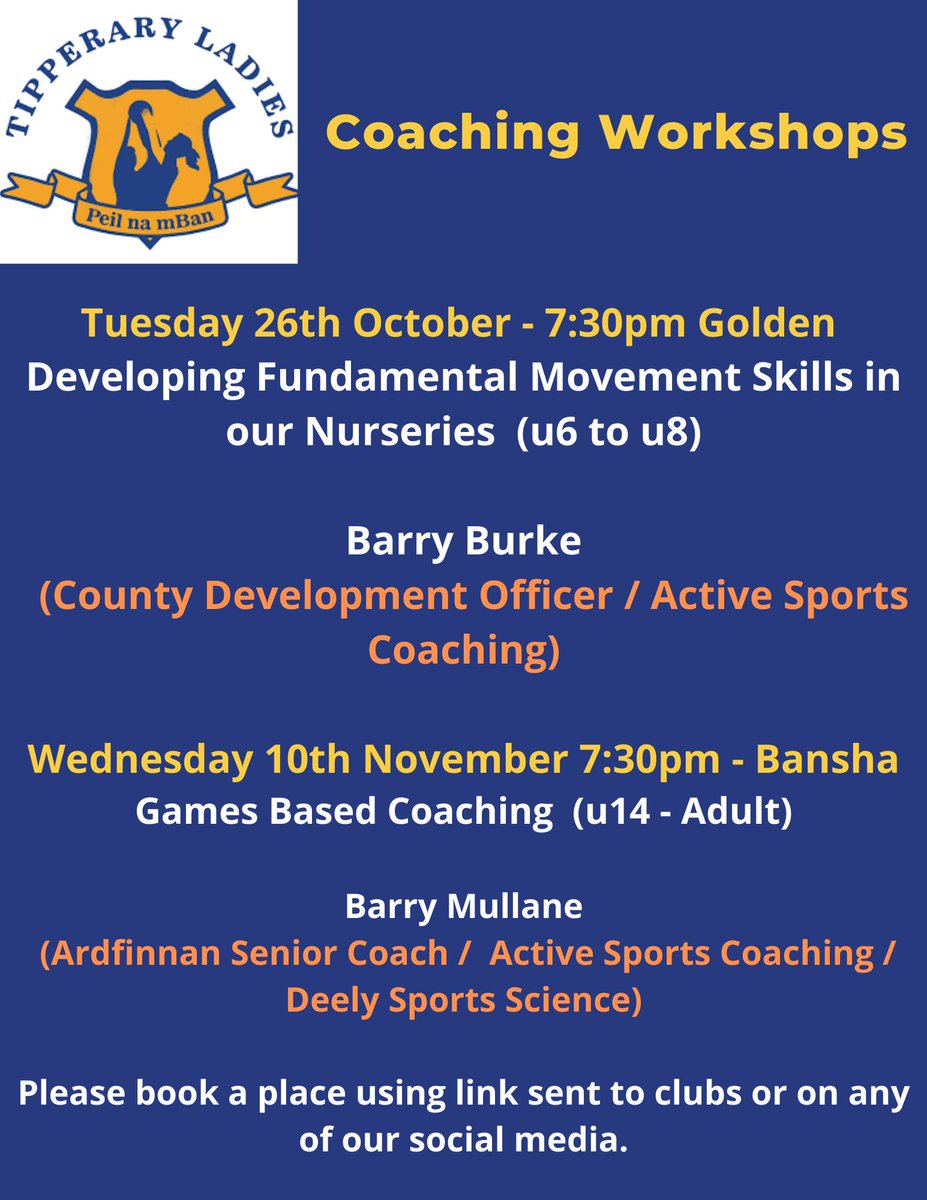 TipperaryLGFA's tweet photo. Tipperary LGFA are delighted to be running some coaching clinics this winter to help our club coaches in all age groups from u6 right through to adult. Details of 1st two are attached. Please book using the following link: 
https://t.co/dYeKm5dgaS https://t.co/zHfruR1H7D