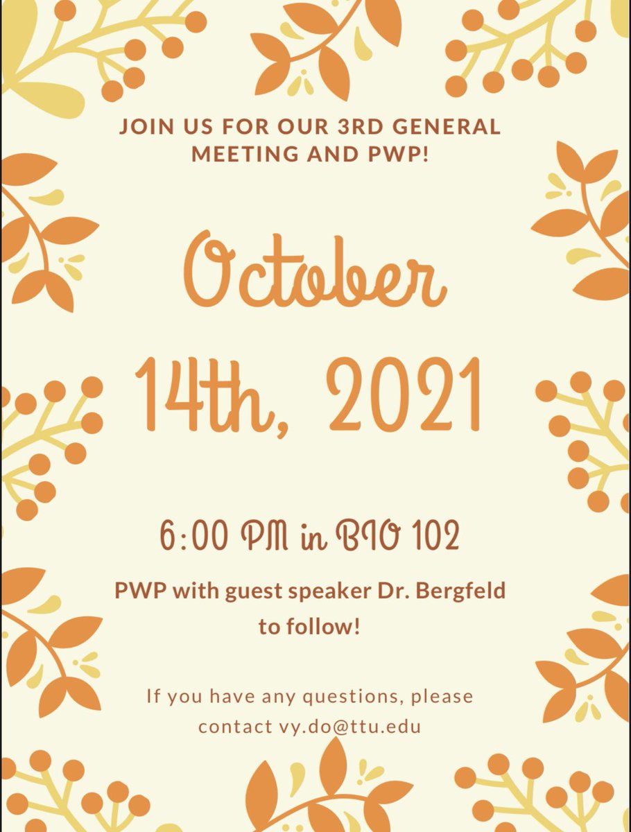 hon_ttu's tweet photo. Join us for our 3rd general meeting and pizza with Dr. Bergfeld tomorrow at 6 PM in BIO 102! We hope to see you there! https://t.co/Ustla3lv1u