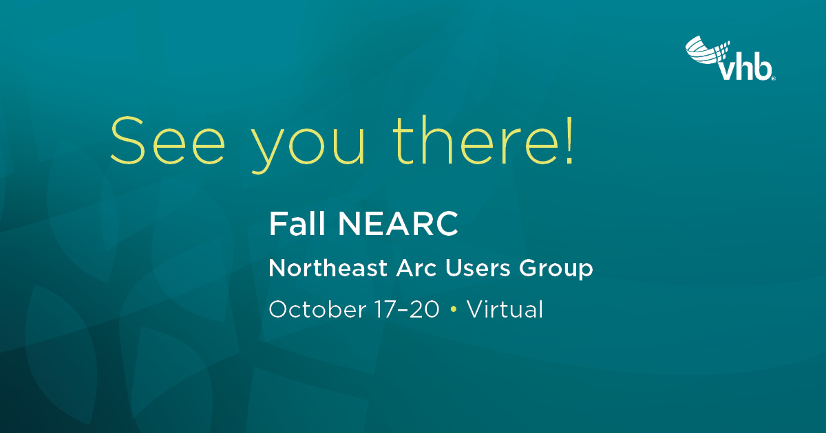 VHBnow's tweet photo. Join VHB's Linda Burbank, Stephanie Pelletier, Kristina Sargent, &amp; Annie Bastoni at the virtual #NEARC Fall Conference October 17-19, attend one of our #appliedtechnology presentations, or stop by our booth. Register today: https://t.co/asme9sgCZ3 https://t.co/OVD7c1EKgp