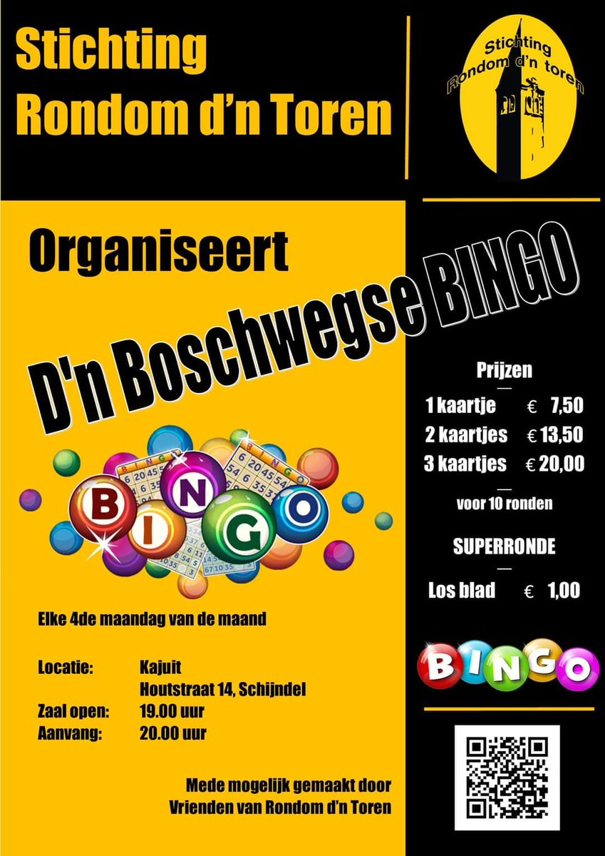 Maandag 25 oktober gaan we weer beginnen met d'n Boschwegse Bingo vanaf 19.00 uur in de kajuit te Schijndel. Bijzijn is meemaken