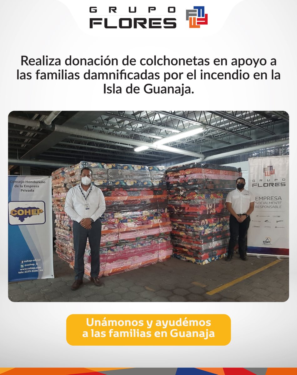 FordDimasa's tweet photo. Grupo Flores realiza donación de colchonetas a las familias damnificadas en la Isla de Guanaja. ¡Unámonos y ayudémos! 🤝

#GrupoFlores https://t.co/RONJn3f4xa