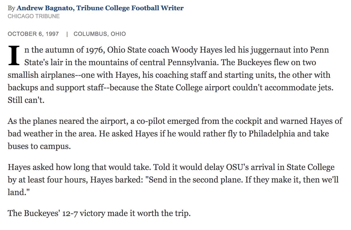 rmginn's tweet photo. Somehow this is the first I'm learning of the time Woody Hayes offered to sacrifice Ohio State's backups in a State College thunderstorm instead of taking a four-hour bus trip https://t.co/Um9WA7TNmm