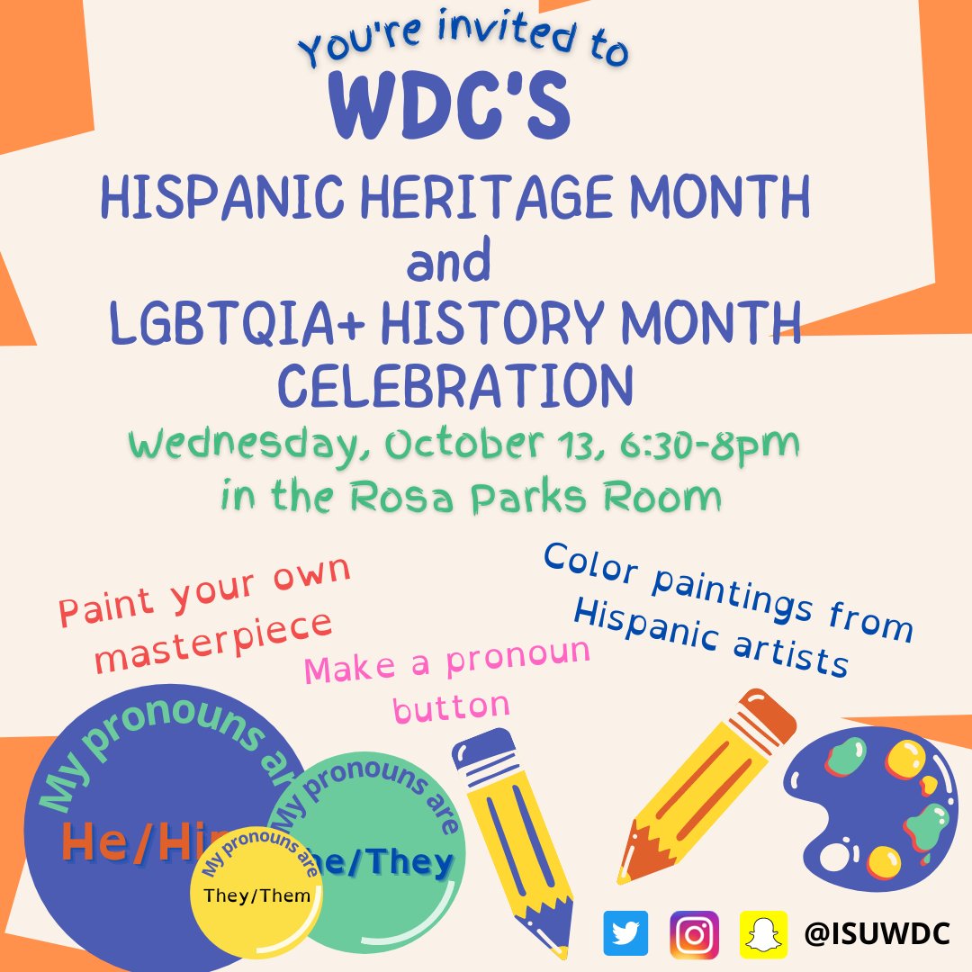 TONIGHT!! We're having our Hispanic Heritage Month and LGBTQIA+ History Month Celebration! Bring a friend and some creativity! We'll be making pronoun buttons, we'll be painting canvases, we'll be coloring famous paintings! See you there!!