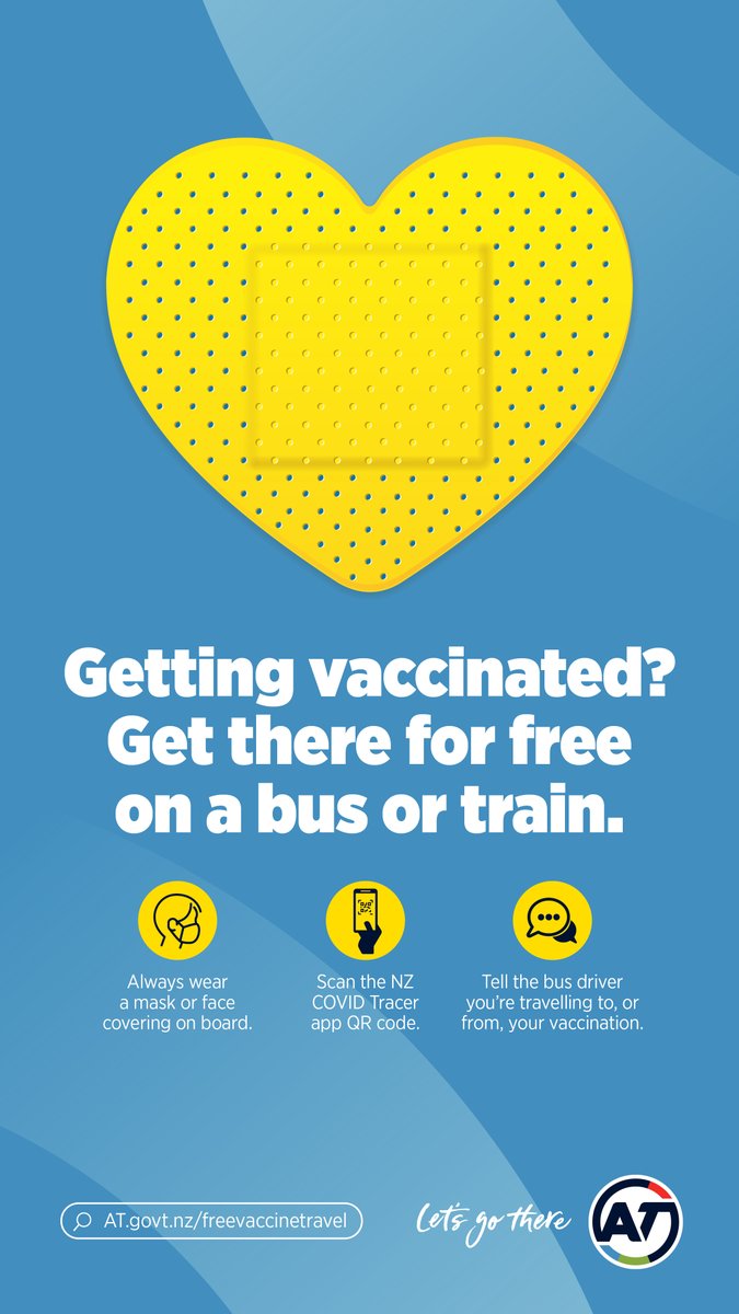 Getting vaccinated? Get there for free on a bus or train. No need to tag on - just tell us where you're headed! Remember your mask, scan in on the NZ COVID Tracer app and you're good to go 💛

Visit: at.govt.nz/freevaccinetra…