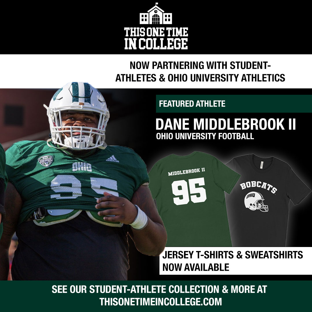 We're excited to announce that Dane Middlebrook II has partnered with our sister store, This One Time in College! 🏈 Shop Dane's exclusive jersey apparel at: ow.ly/5Kyu50GqMJc @DaneM2020 <a href="/OhioFootball/">Ohio Football</a> #ohiouniversity #ohiouniversityfootball