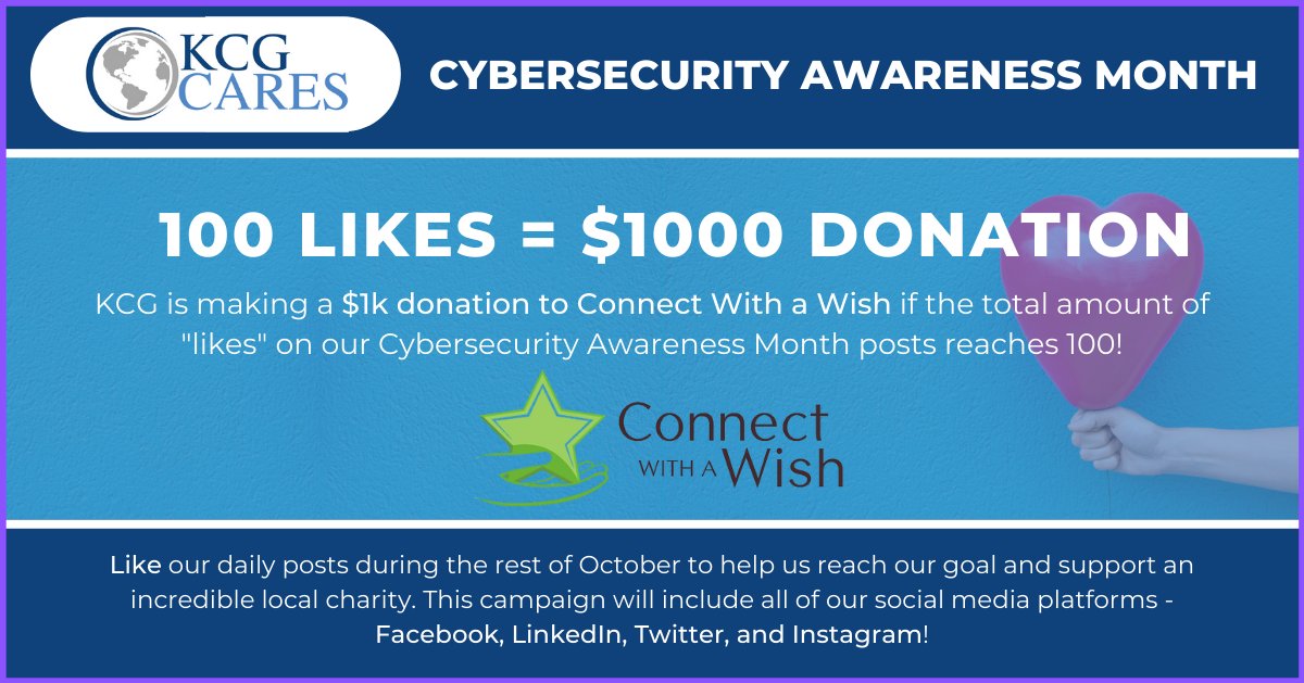 KCG_ENGINEERING's tweet photo. If the total # of likes on all of our CAM posts on all platforms reaches  100, KCG will donate $1000 to Connect With a Wish, a local VB charity that helps children in foster care.
-
#ConnectWithaWish #CWW #cybersecurity #charity #october #KCGCares #KCG #KlettConsultingGroup https://t.co/wnqn7ca77x
