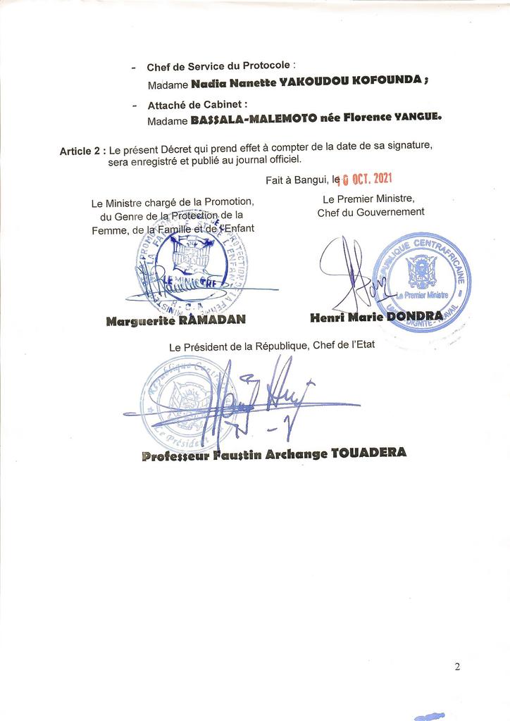 DÉCRET PORTANT NOMINATION DE CERTAINES PERSONNALITÉS AU MINISTÈRE CHARGÉ DE LA PROMOTION DU GENRE, DE LA PROTECTION DE LA FEMME, DE LA FAMILLE ET DE L'ENFANT