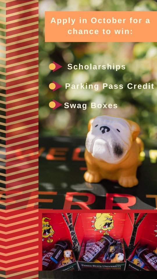 FerrisAdmission's tweet photo. We’re still over here celebrating #applicationmonth & loving all the apps coming in 🤩 Remember, if you apply by Oct. 31 you’ll be entered to win various scholarships valued up to $2,000, a parking pass credit, or a swag box! What are you waiting for? 👉 https://t.co/T4UPT7ajnQ https://t.co/9b0xE484iv