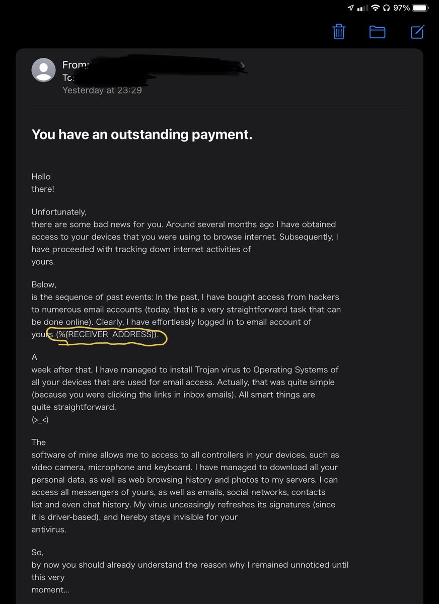 Miguelitosd's tweet photo. Even “hackers”/script-kiddies should really test their code before running in production.  Receiving multiple identical copies to various addresses at the same time is also rather telling. https://t.co/Hm1KonLZzU