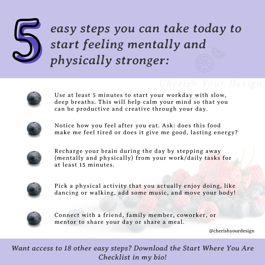 cydesign_llc's tweet photo. My weeks always include a combo of these 5 things. When it's a rough week, connecting with my sister and sharing jokes, listening to a dope podcast, or putting on a favorite song and dancing all really lift my mood. Which one can you relate with? #nutrition #mentalhealth #health https://t.co/XjYr6fT51a