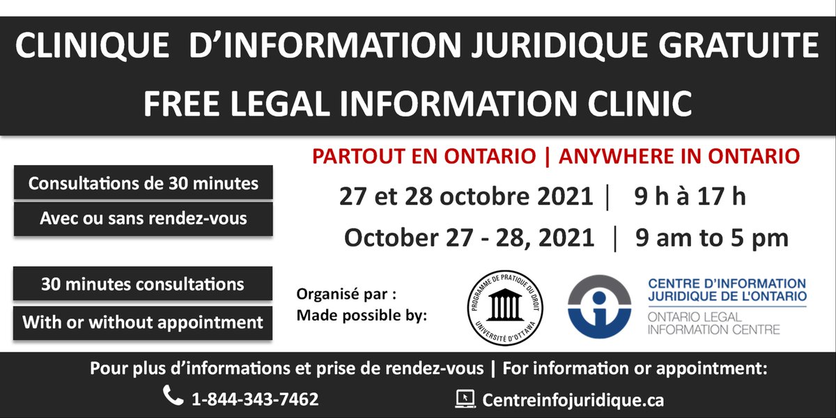 📢Clinique d'information juridique gratuite | Free legal Information Clinic 
📅27 & 28 octobre 
Pendant la semaine d'accès à la justice 
@PPD_uOttawa @ucommonlaw  & @InfojuridiqueON @LegalInfoON  @ajefo_justice #AccèsJustice #ONJustice
👉1-844-343-7462 | centreinfojuridique.ca