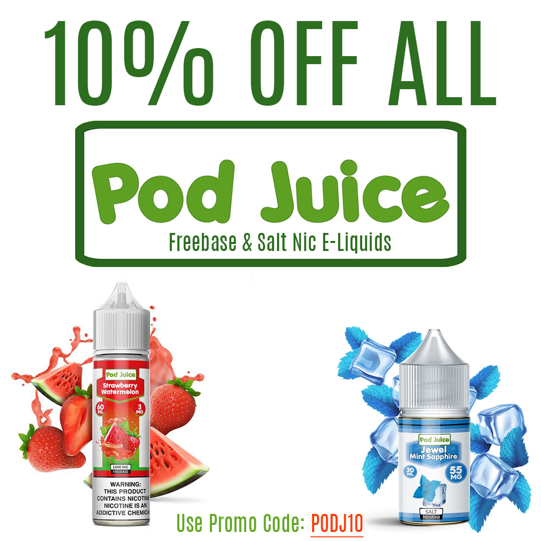 Get 10% OFF ALL Pod Juice E-Liquids ALL WEEK LONG! 

Promo Code: PodJ10

buff.ly/3gS8Nmh

#podjuice #eliquidsale #vape #vapesale #vapestore #vapeon #vapenation #provape