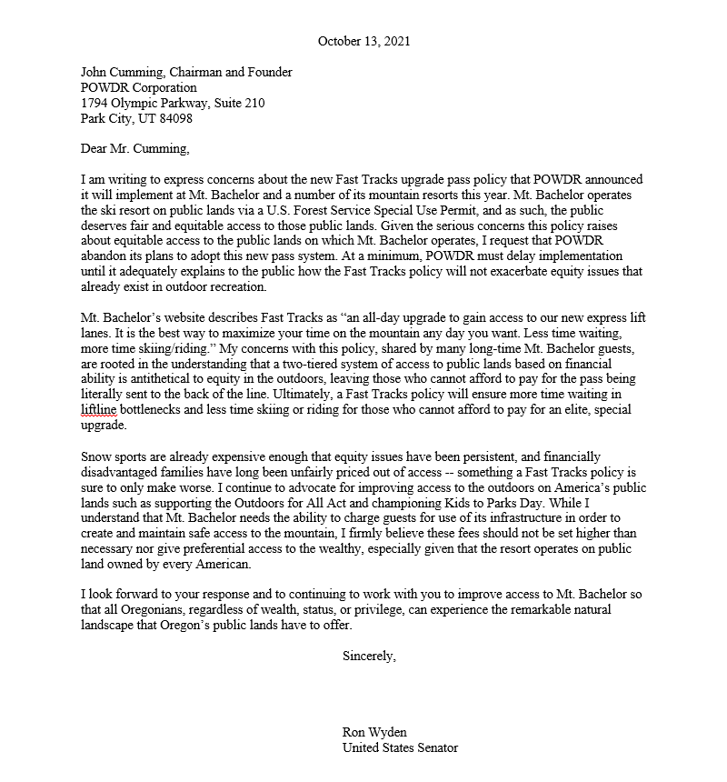 liftblog's tweet photo. The senior US Senator from Oregon calls on @mtbachelor/@powdr to abandon Fast Tracks. https://t.co/v3kSSNV0Bl