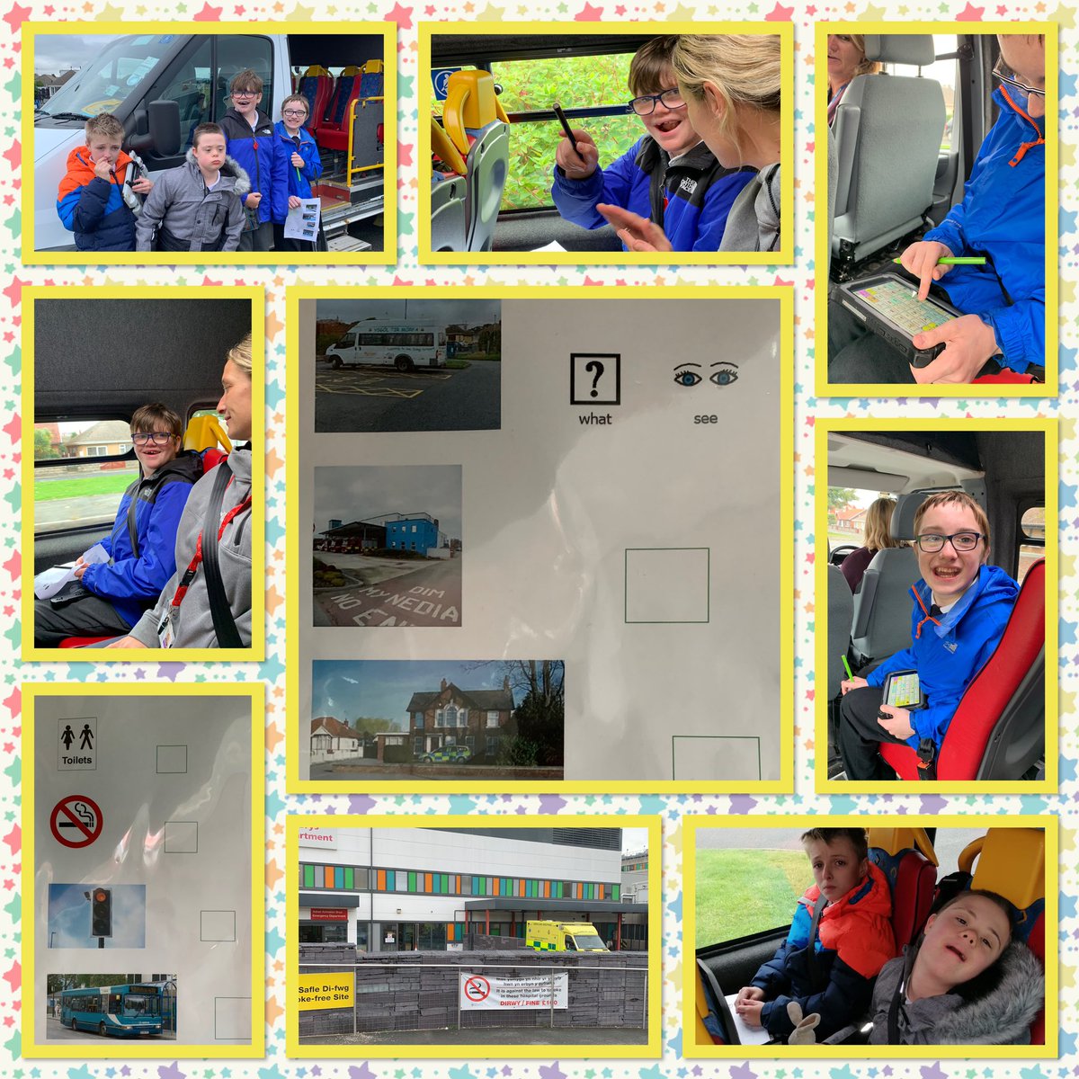 TirMorfa's tweet photo. This morning Tegid class went out on a treasure hunt in the mini bus! They found ‘People who help us’ and social signs in the community! Amazing communication and use of their AAC devices 👍🏻🚌 #ytmtegid #ytmaac #ytmcomm https://t.co/rEdbJwEx6M