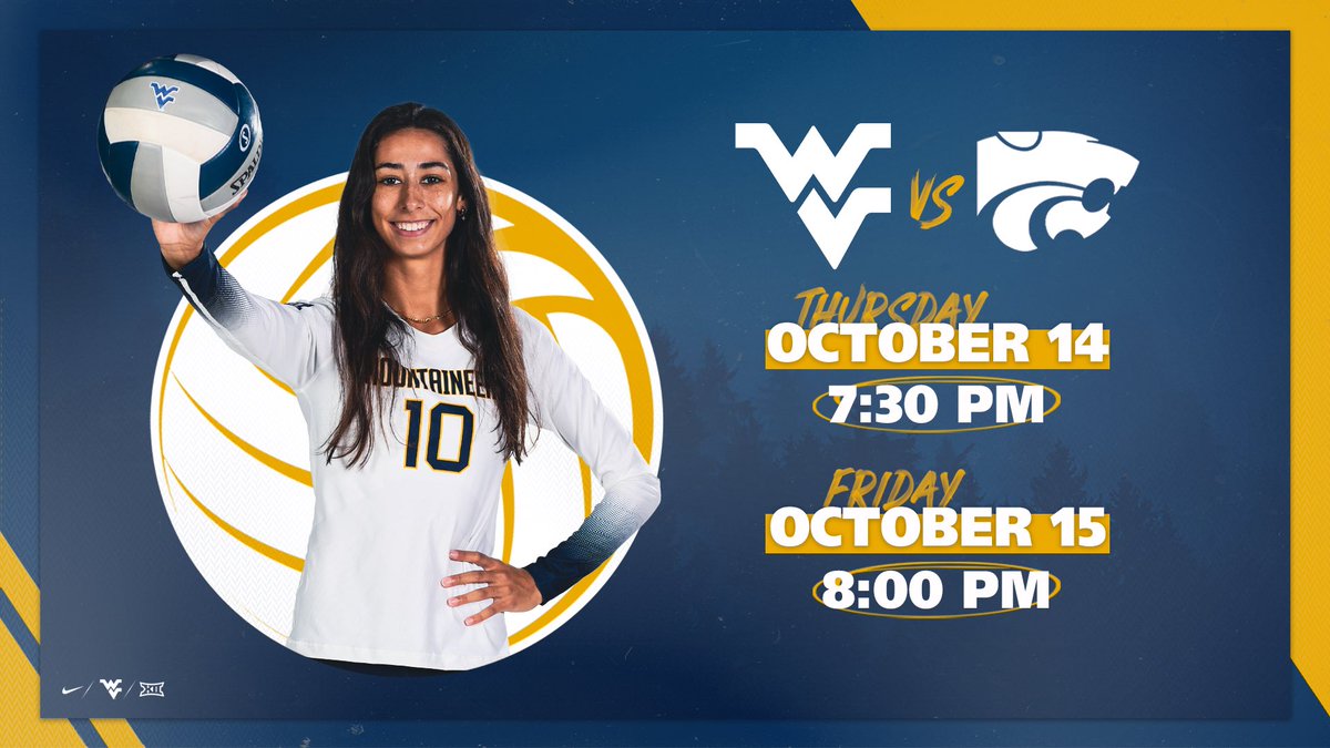 WVUVolleyball's tweet photo. The Mountaineers are back with two matches this week! See you soon @KStateVB!

#HailWV https://t.co/1d1nBWVsXa