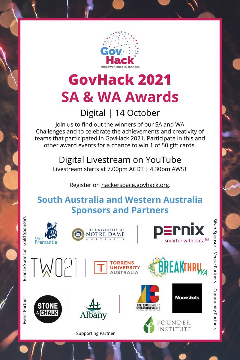GovHackAU's tweet image. Our #GovHack2021 Awards Season continues with the SA &amp;amp; WA Awards later today 🥳

The Awards will be broadcast live online from 4.30pm AWST or 7pm ACDT - for more info see hackerspace.govHack.org 🏆

Don’t forget our trivia comp too for your chance to win 1 of 50 gift cards❓