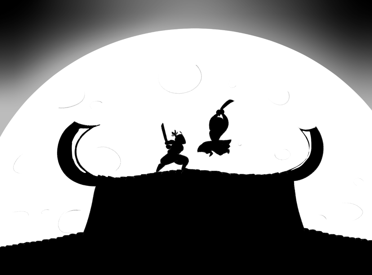 Silverbob7's tweet photo. Inktober #13, "Roof"
A duel to last until dawn.

#Inktober #inktober2021 #inktober2021day13 https://t.co/rChM0jfKbd