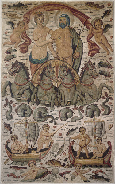 archaeologyart's tweet photo. Roman mosaic: Triumph of Neptune and Amphitrite. Found place: Cirta, Tunisia. Date: early 4th century AD. Currently located at the Louvre. https://t.co/wPdGiKupty