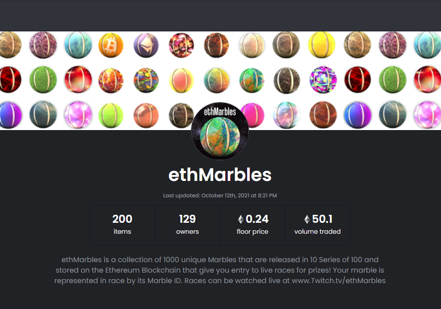Quit missing out! Such a fun time each and every race day!

Currently at 64.5% Unique ownership!
Come join us!
Next race day announced soon!
Discord: discord.gg/ethMarbles

Opensea:
opensea.io/collection/eth…