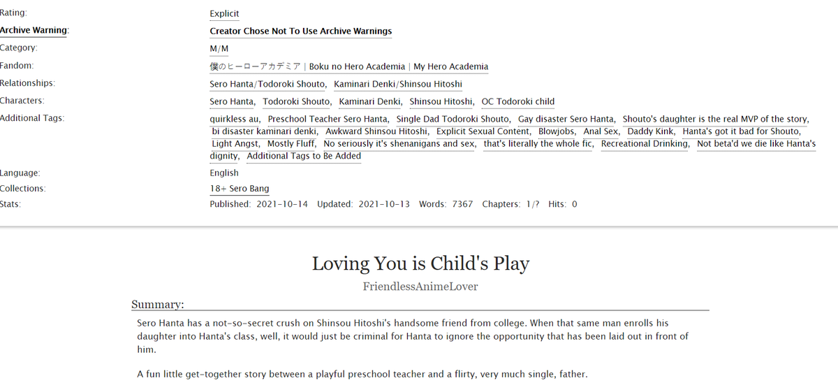 FallynWriter's tweet photo. It's my posting day for the @bang_sero!!!

Huge thank you to my wonderful artists, @MeowMonster97 &amp; @LunarWhiskey you two were spectacular to work with!!! Art in thread below!

And now, here is my fic "Loving you is Child's Play" ft. Preschool Teacher Hanta and single dad Shouto! https://t.co/rZxsJyUiQa