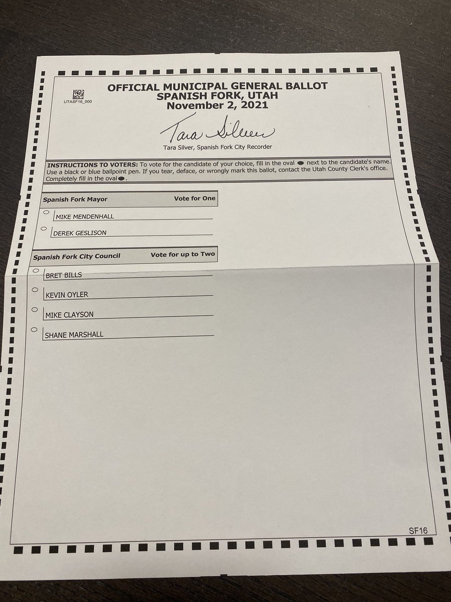 pdayton's tweet image. The municipal ballot came today and I’m voting today. I’m supporting Mike Mendenhall for Spanish Fork Mayor and Kevin Olyer / Shane Marshall for city council. We need experience going forward, and my ballot reflects that choice. #SpanishFork #PrideAndProgress