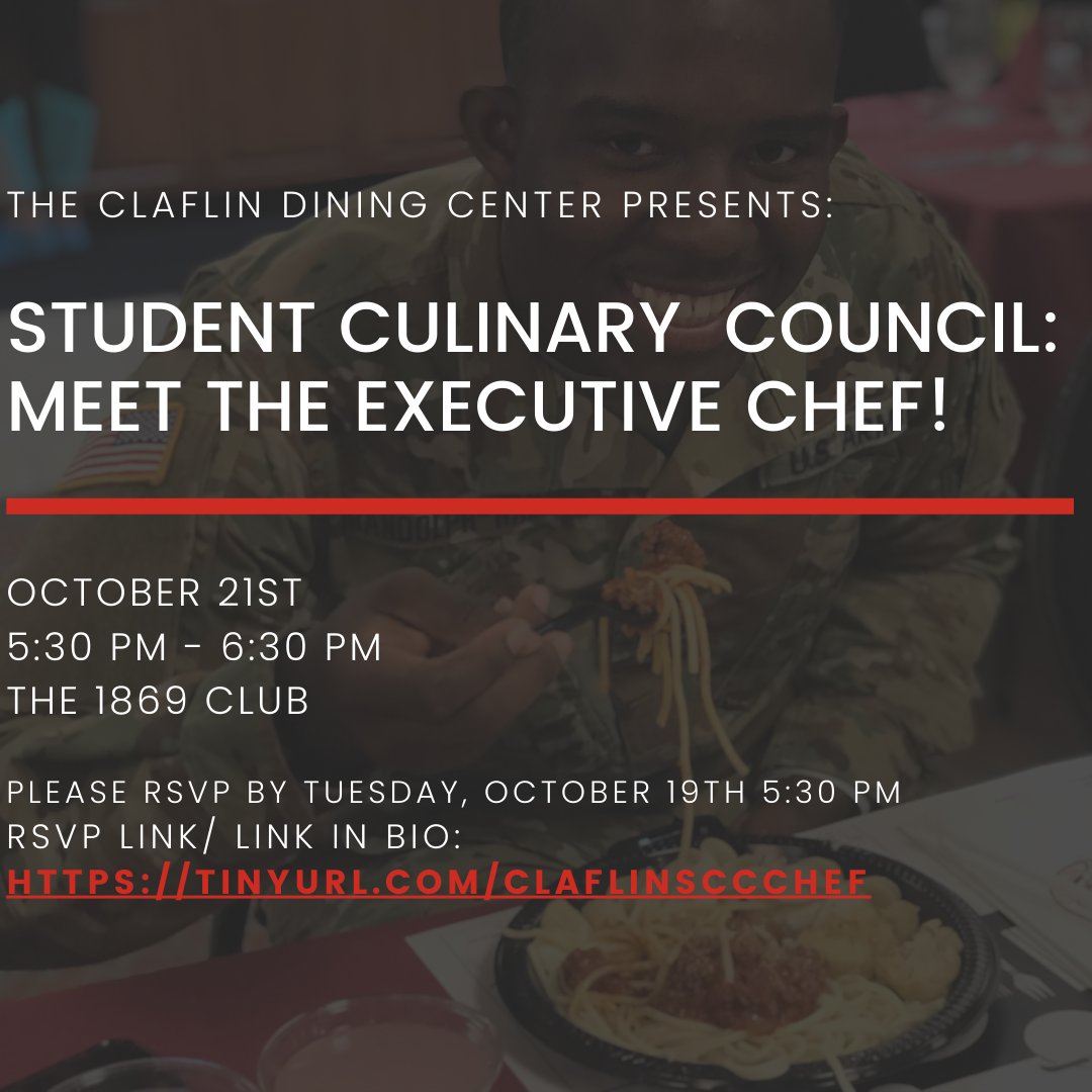 ClaflinDining's tweet photo. Hey Panthers! We are back with another Student Culinary Council meeting. During this meeting students who RSVP will have a chance to chat with our New Executive Chef from 5:30 PM - 6:30 PM on 10/21. Students must RSVP! https://t.co/R8J97GlJkz https://t.co/z518SOxLNh