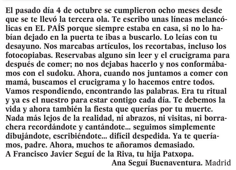 Metáfora Soleado esposa La carta a la directora de 'El País' de una mujer recordando a su padre  muerto por COVID: "Araña el alma" | Actualidad | Cadena SER
