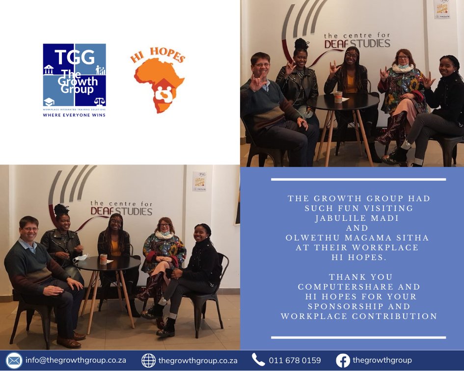 growth_za's tweet image. The Growth Group had such fun visiting Jabulile Madi and Olwethu Magama Sitha 
at their workplace Hi Hopes.

 Thank you Computershare and Hi Hopes for your sponsorship and workplace contribution.

#Where_Everybody_Wins

#Skills_Development

#Study_Skills

#Hospitality