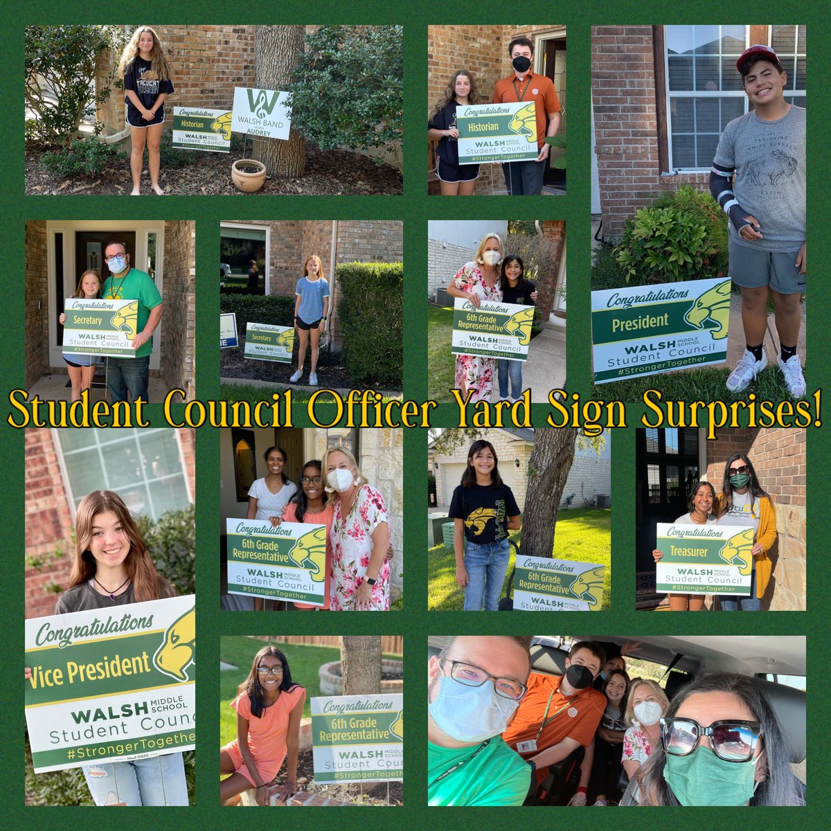 JWalshMSStuCo (@jwalshmsstuco) on Twitter photo Last week our sponsors surprised our newly elected officers with yard signs to celebrate their new roles, and to let their neighborhood know “There’s a new leader in town”! Congratulations again to our Student Council officers! We’re so proud of you! 💚💛 <a href="/JWalshMS/">Walsh Middle School</a> <a href="/RoundRockISD/">Round Rock ISD</a> Last week our sponsors surprised our newly elected officers with yard signs to celebrate their new roles, and to let their neighborhood know “There’s a new leader in town”! Congratulations again to our Student Council officers! We’re so proud of you! 💚💛 <a href="/JWalshMS/">Walsh Middle School</a> <a href="/RoundRockISD/">Round Rock ISD</a>