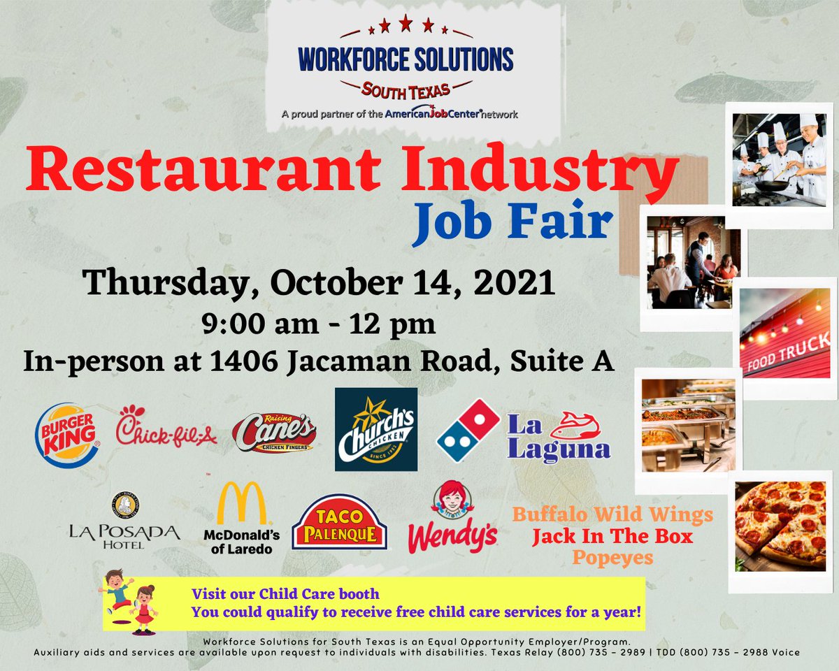 workforcestx's tweet photo. The Restaurant Industry Job Fair is happening tomorrow, Thursday, October 14.
Come prepare to talk to the employers participating, print your resume at our center, ask us about the Child Care program.
Check the list jobs we will be offering https://t.co/JxIgo2Ynxj
#jobfair #wsst https://t.co/sMV6EOKyFA