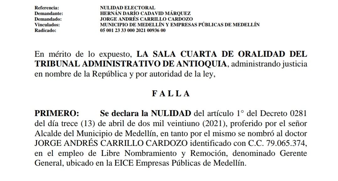 hernancadavidma's tweet photo. Informo que recibí notificación del Tribunal de Antioquia declarando la nulidad del nombramiento del actual Gerente de @EPMestamosahi Jorge Carrillo.

La defensa del patrimonio público y de nuestra ciudad está más firme que nunca. Medellín si nos pertenece a todos. https://t.co/wu98eNSLu3