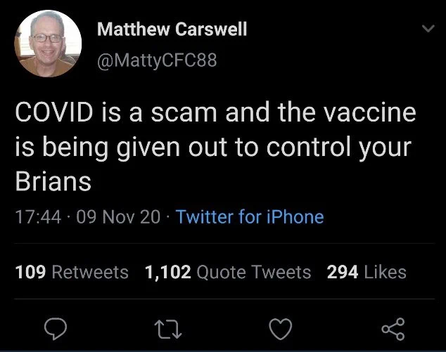 COVID is a scam and the vaccine is bring drive out to control your Brians.