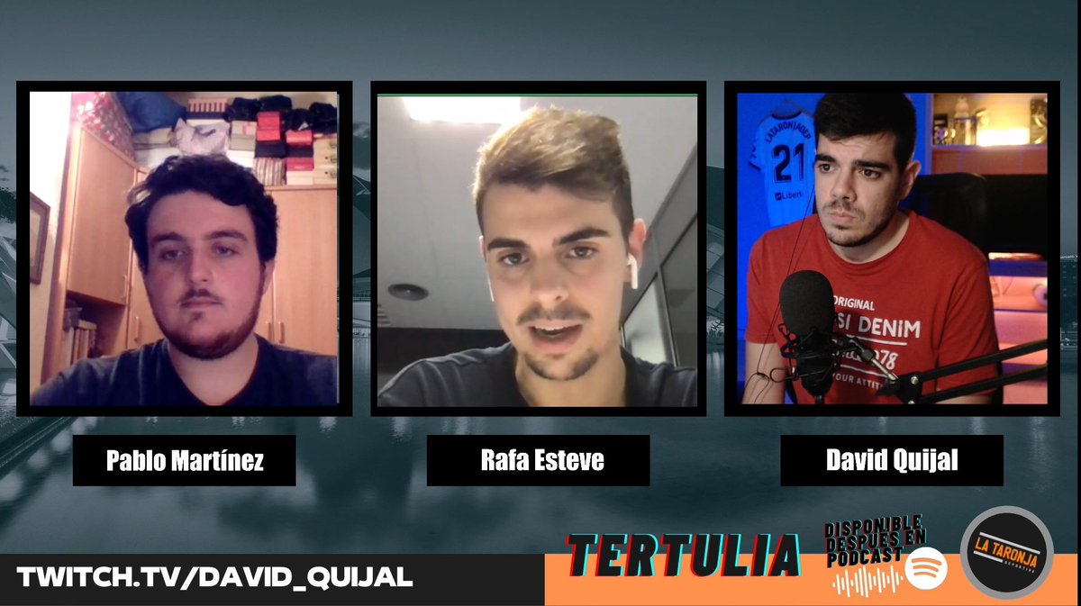 Pues me ha gustado mucho la tertulia con <a href="/RafaEsteve19/">Rafa Esteve</a> y <a href="/PabloMartinezVL/">Pablo Martínez-Vilanova</a>. Como he dicho en el directo, mis periodistas favoritos de la prensa 'granota'. 

Mañana estará disponible en PODCAST, pero tenéis ya el directo completo en el canal. 

📲 twitch.tv/david_quijal