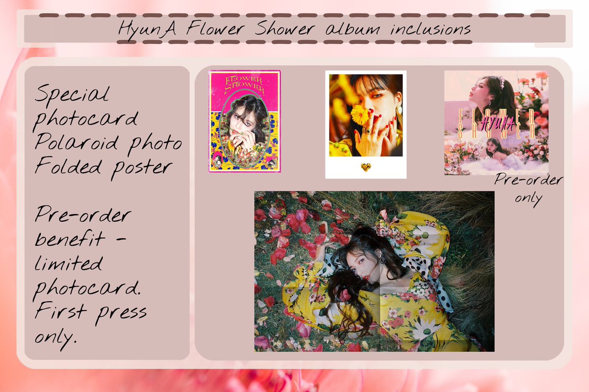 RosebudEnt_'s tweet photo. ════ •『 🌹』• ════

    Hyuna - Flower Shower
    Album Available Now

    Inclusions will be available 
    with every album purchase. 

    A special photo card will also 
  be available for every pre-order. https://t.co/IfeEdm0vHH